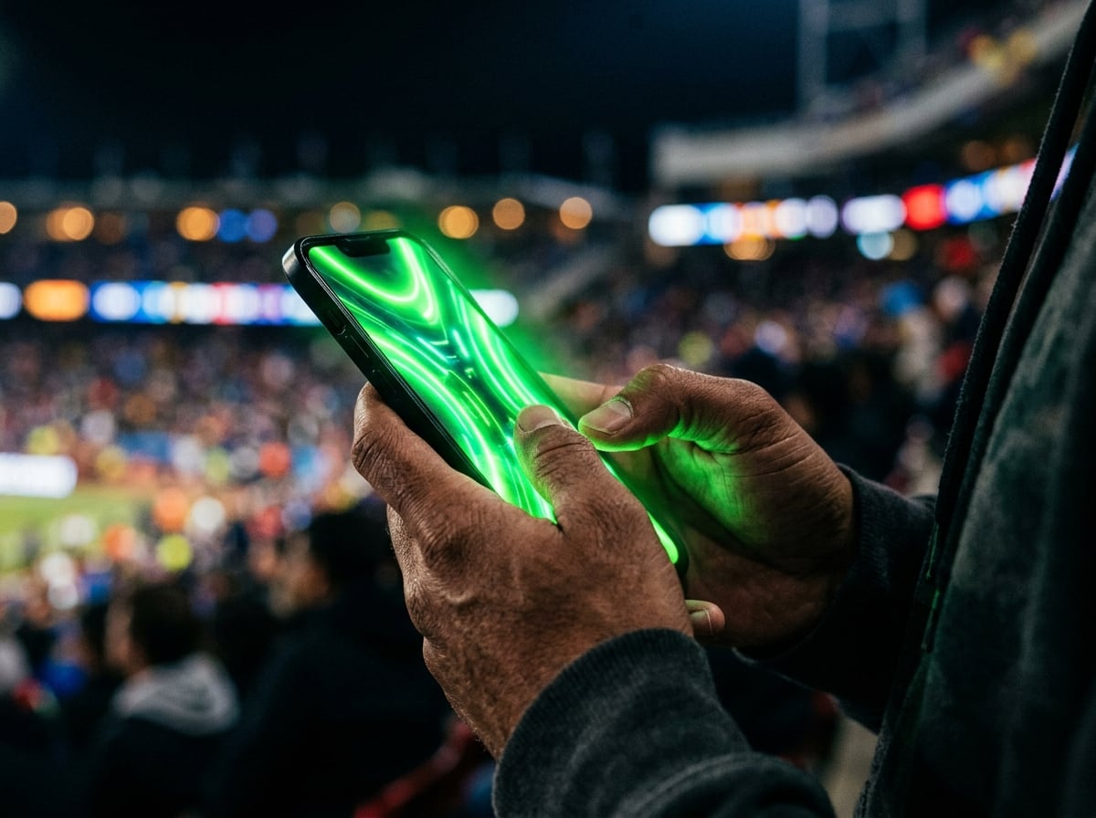 Mãos segurando celular com gráficos verdes em um estádio